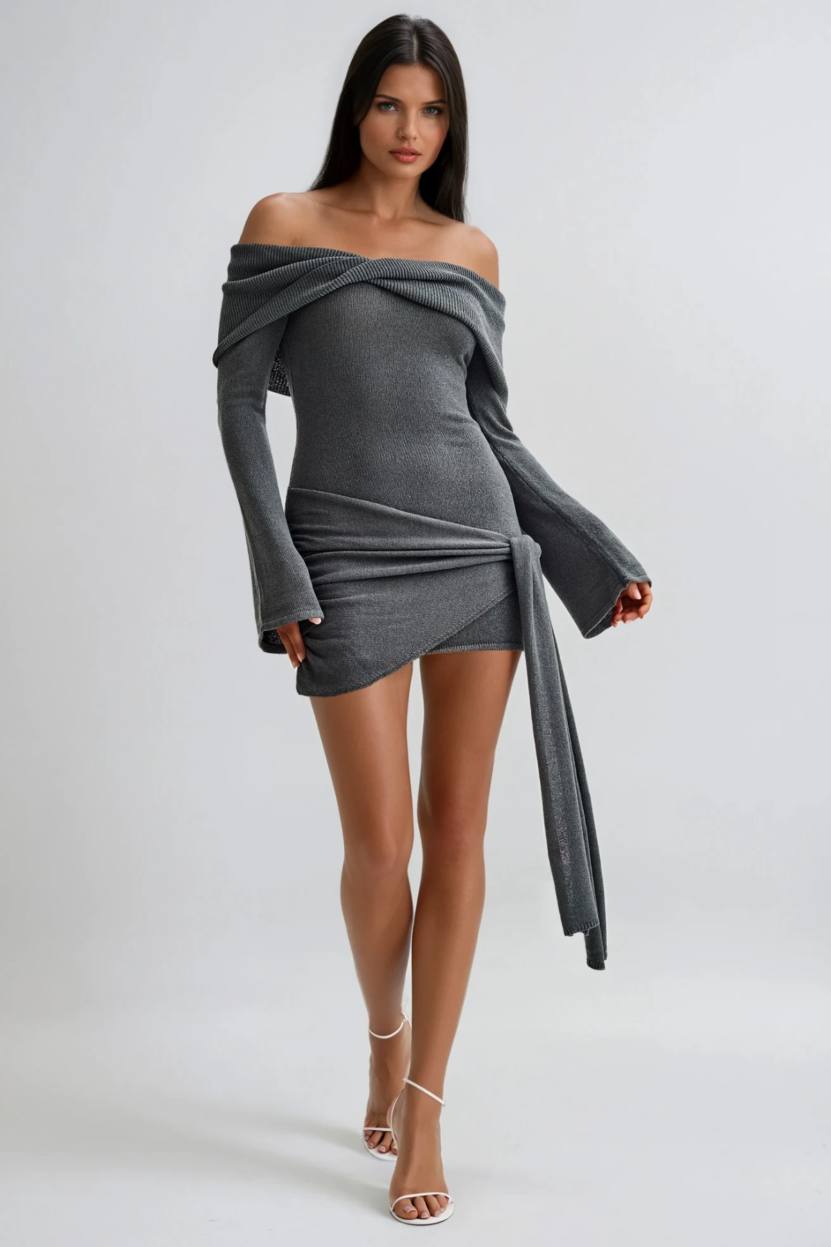 Dorthe Tie Knit Mini Dress In Grey