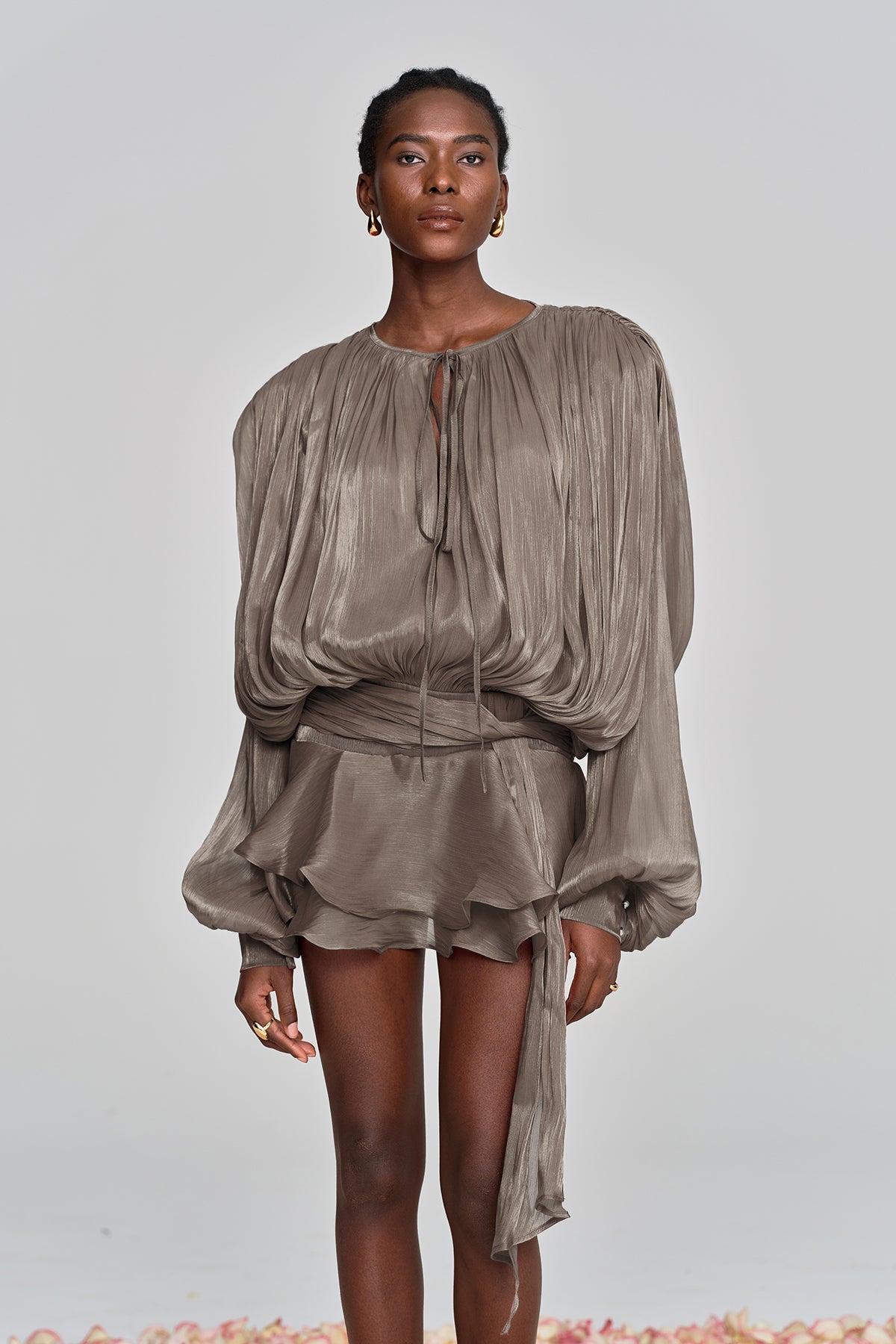 Amina Ruffle Mini Dress In Brown