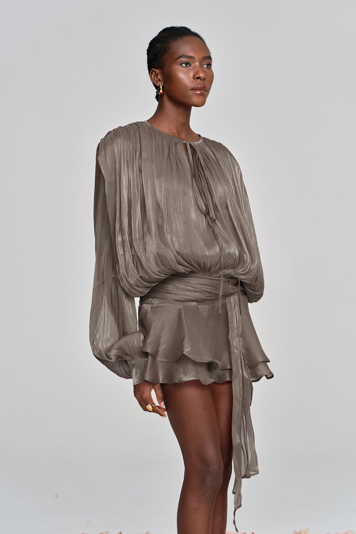 Amina Ruffle Mini Dress In Brown