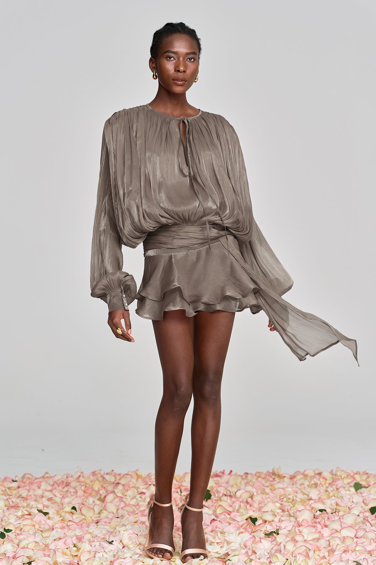 Amina Ruffle Mini Dress In Brown