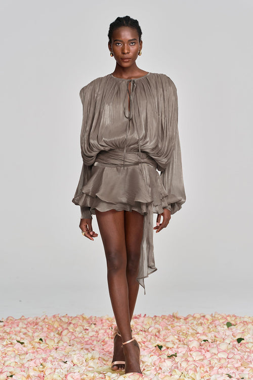 Amina Ruffle Mini Dress In Brown