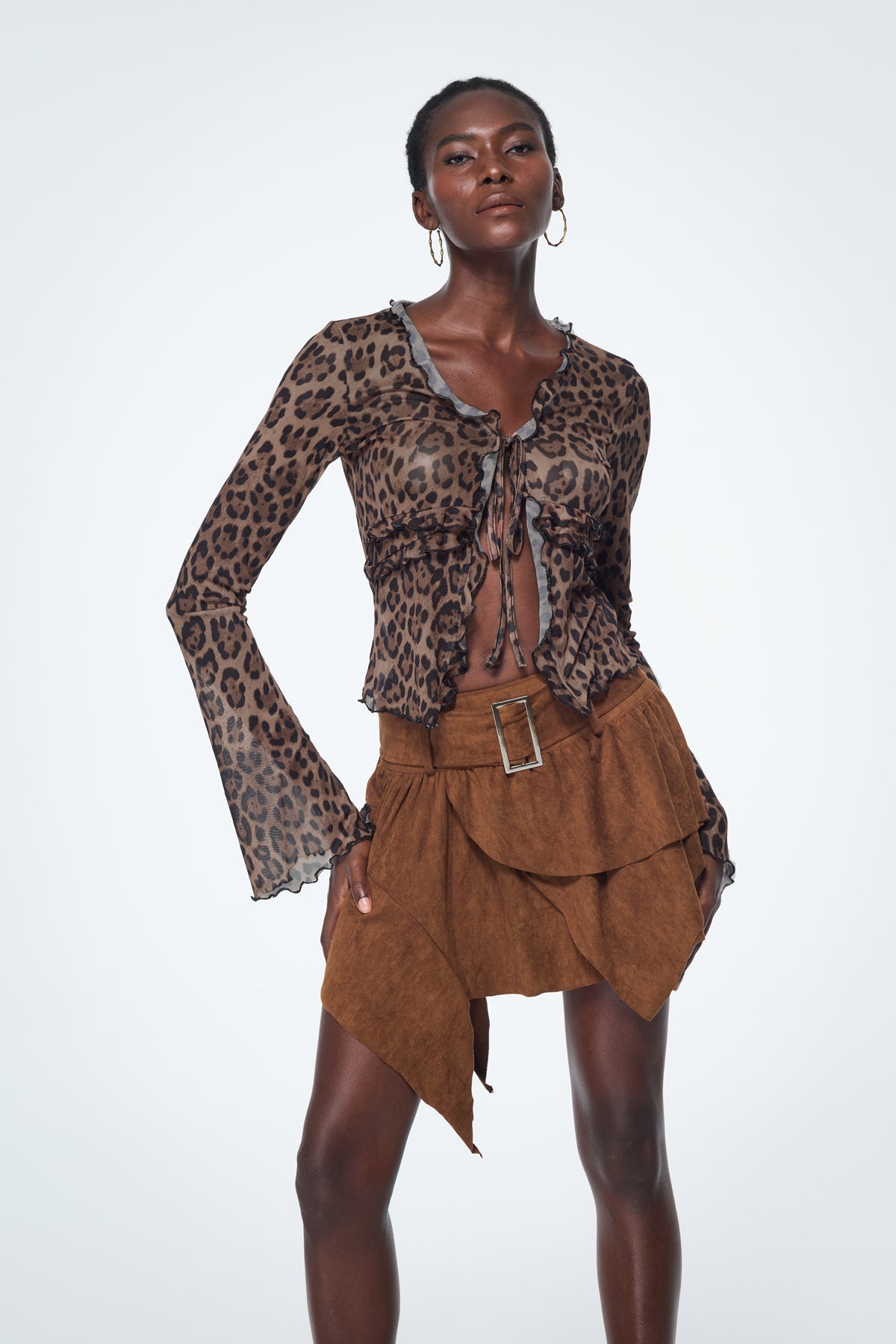 Beli Leopard Ruffle Lace Up Top