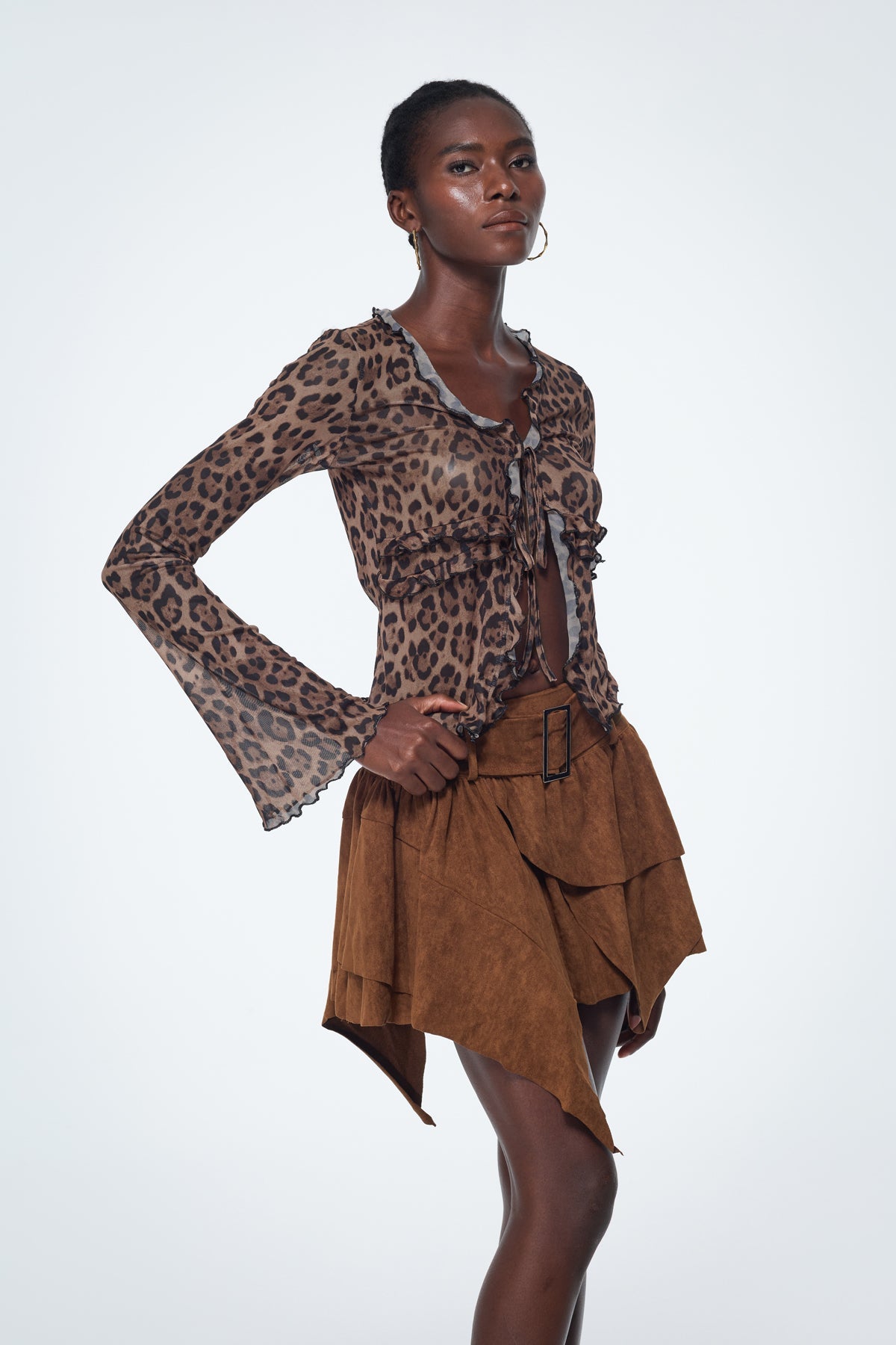 Beli Leopard Ruffle Lace Up Top