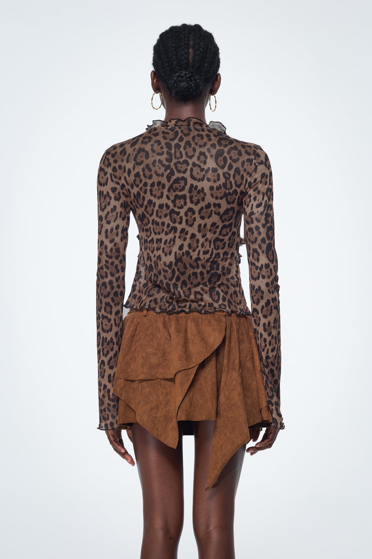 Beli Leopard Ruffle Lace Up Top