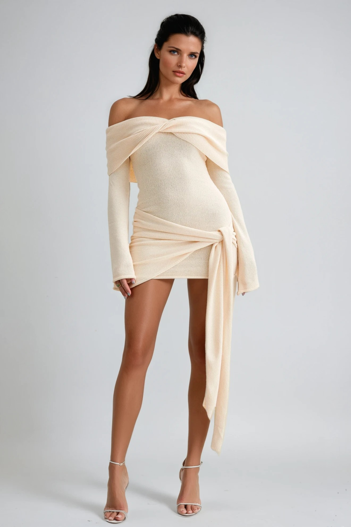 Dorthe Tie Up Knit Mini Dress In Beige