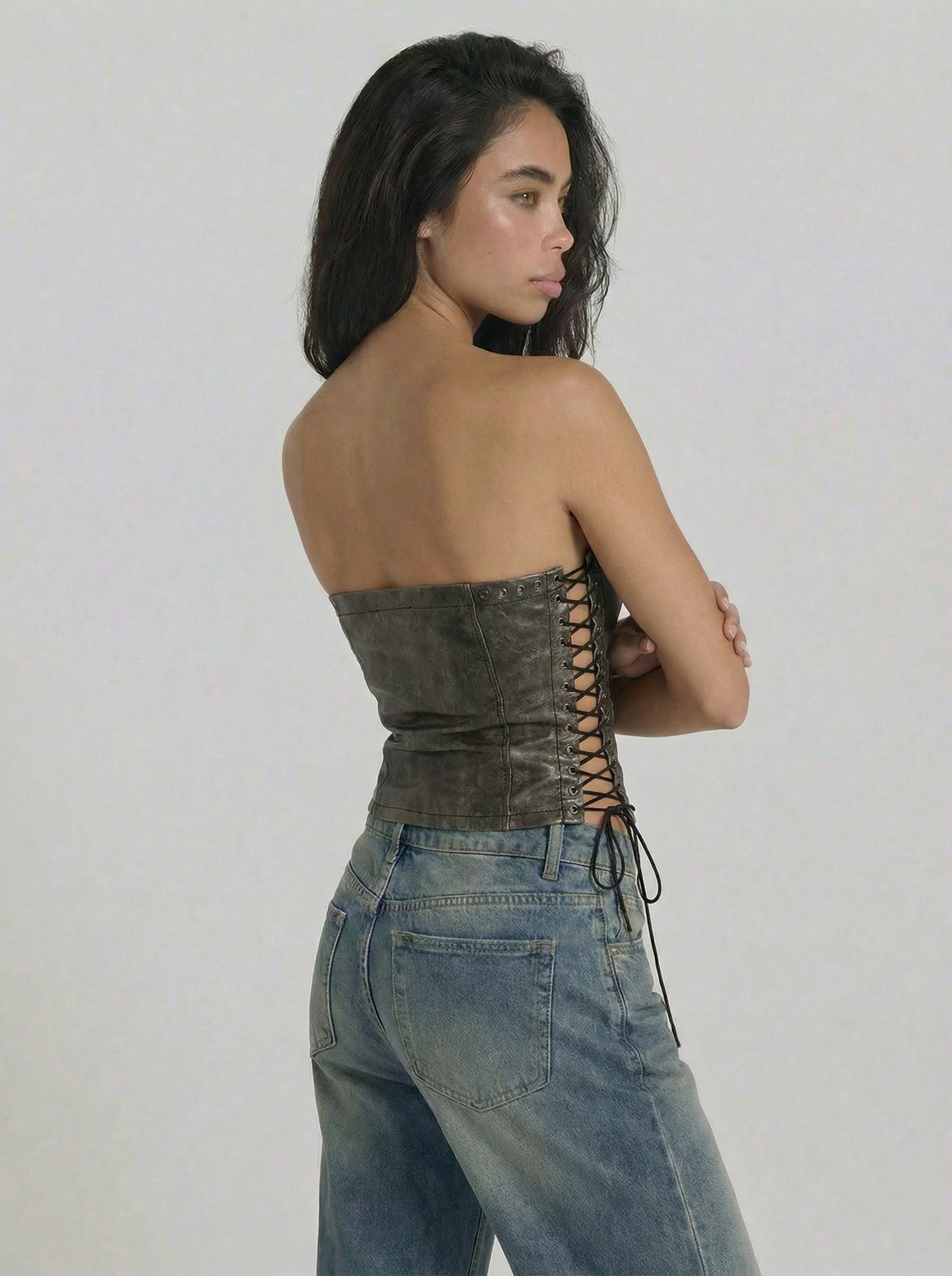 Lexi Lace Up Strapless Leather Top